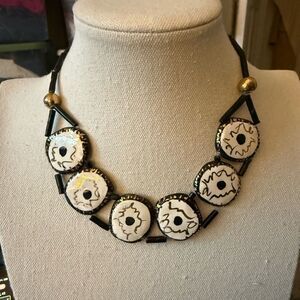 Artisan Made Ceramic Enameled Chocker Necklace on Black Leather Gold Tone Beads.